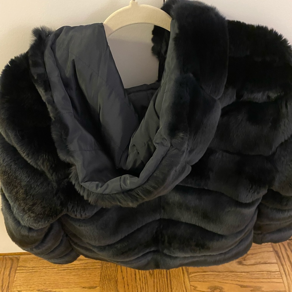 Reversible Navy Blue Rabbit Fur Hooded Jacket - Picture 6 of 6